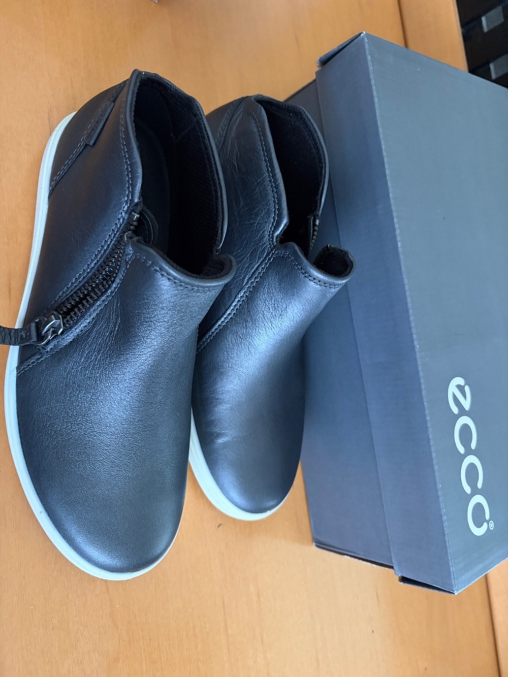Ecco Black Leather Slip-On Loafers with White Sole
